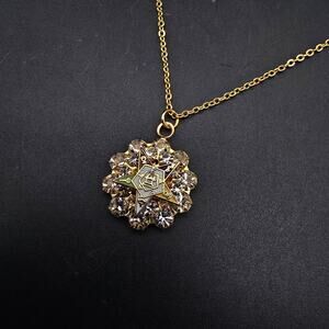 Eastern Star Rhinestone Pendant Necklace Gold Tone Chain Vintage